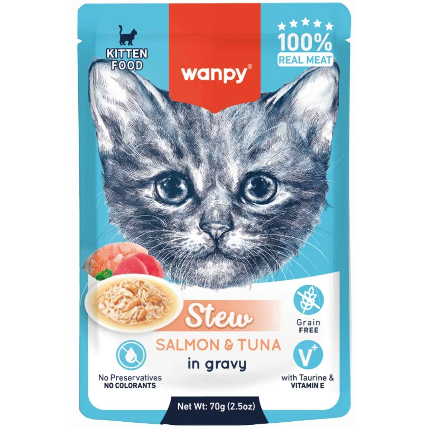 Wanpy Stew Gravy Sos İçerisinde Somon ve Ton Balıklı Yavru Kedi Ya? Maması (70 g)