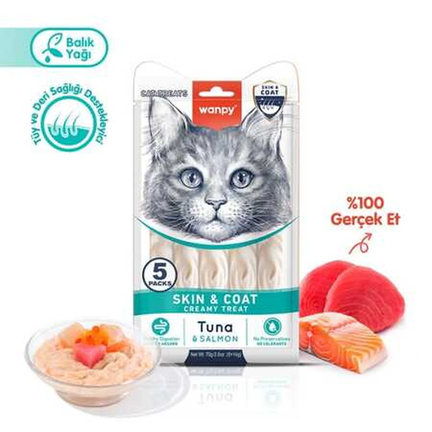 Wanpy Skin&Coat Ton Balığı ve Somonlu Krema Kedi Ödülü (5 x 14 g)