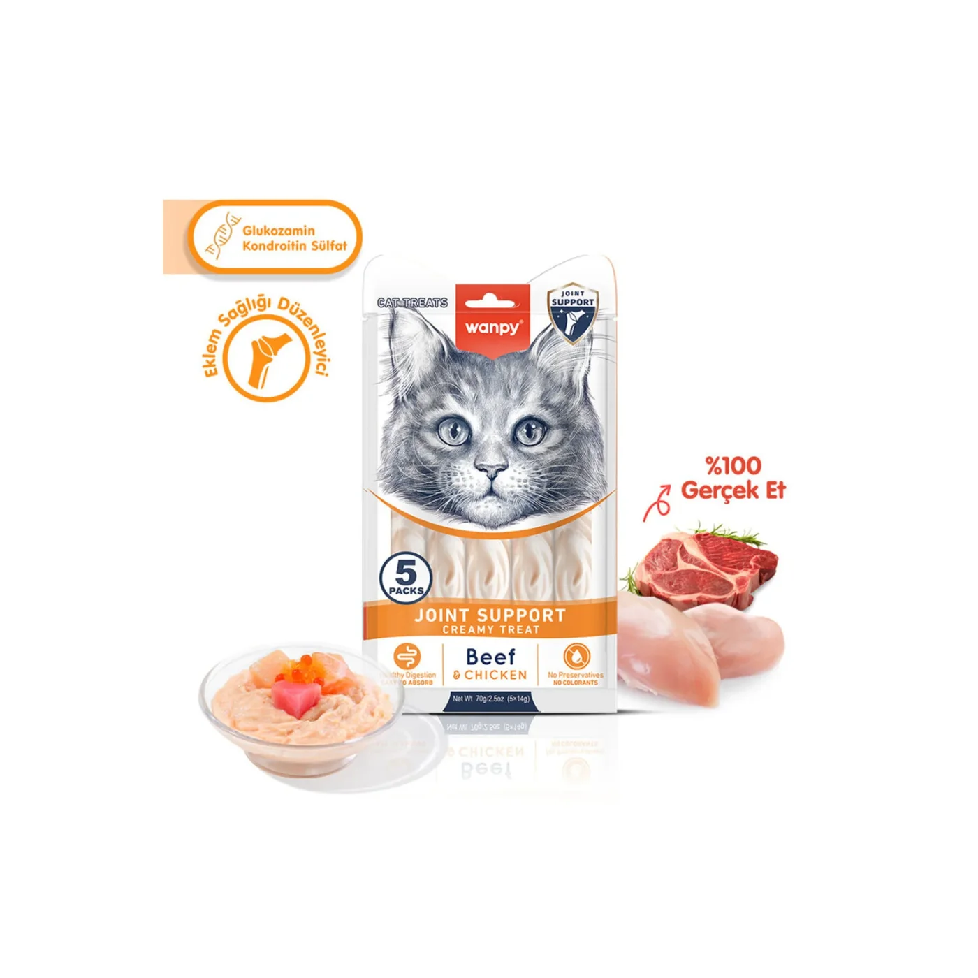 Wanpy Bone Support Sığır Eti ve Tavuk Etli Kedi Ödülü (5 x 14 g)