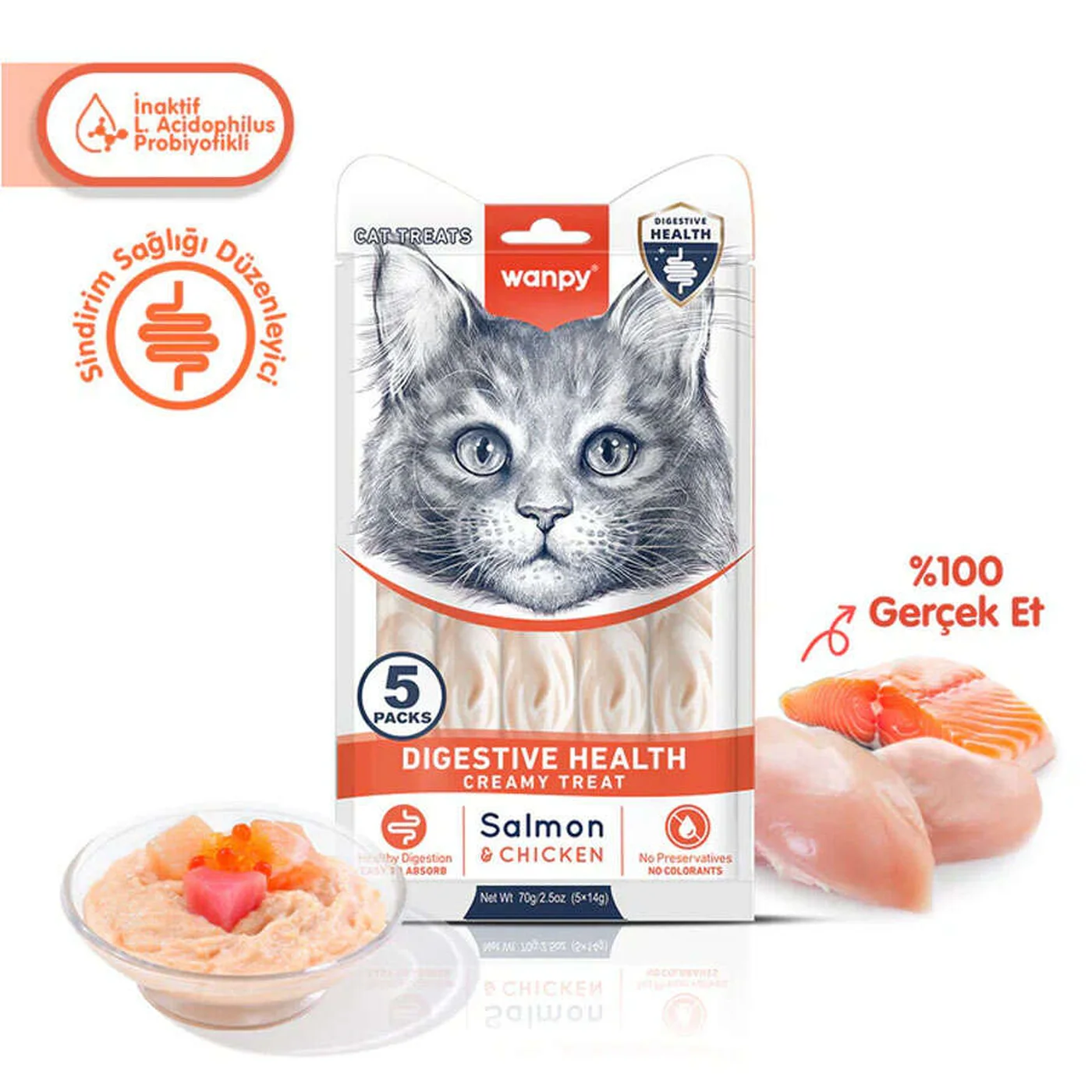 Wanpy Digestive Health Somon Balığı veTavuk Etli Krema Kedi Ödülü (5 x 14 g)