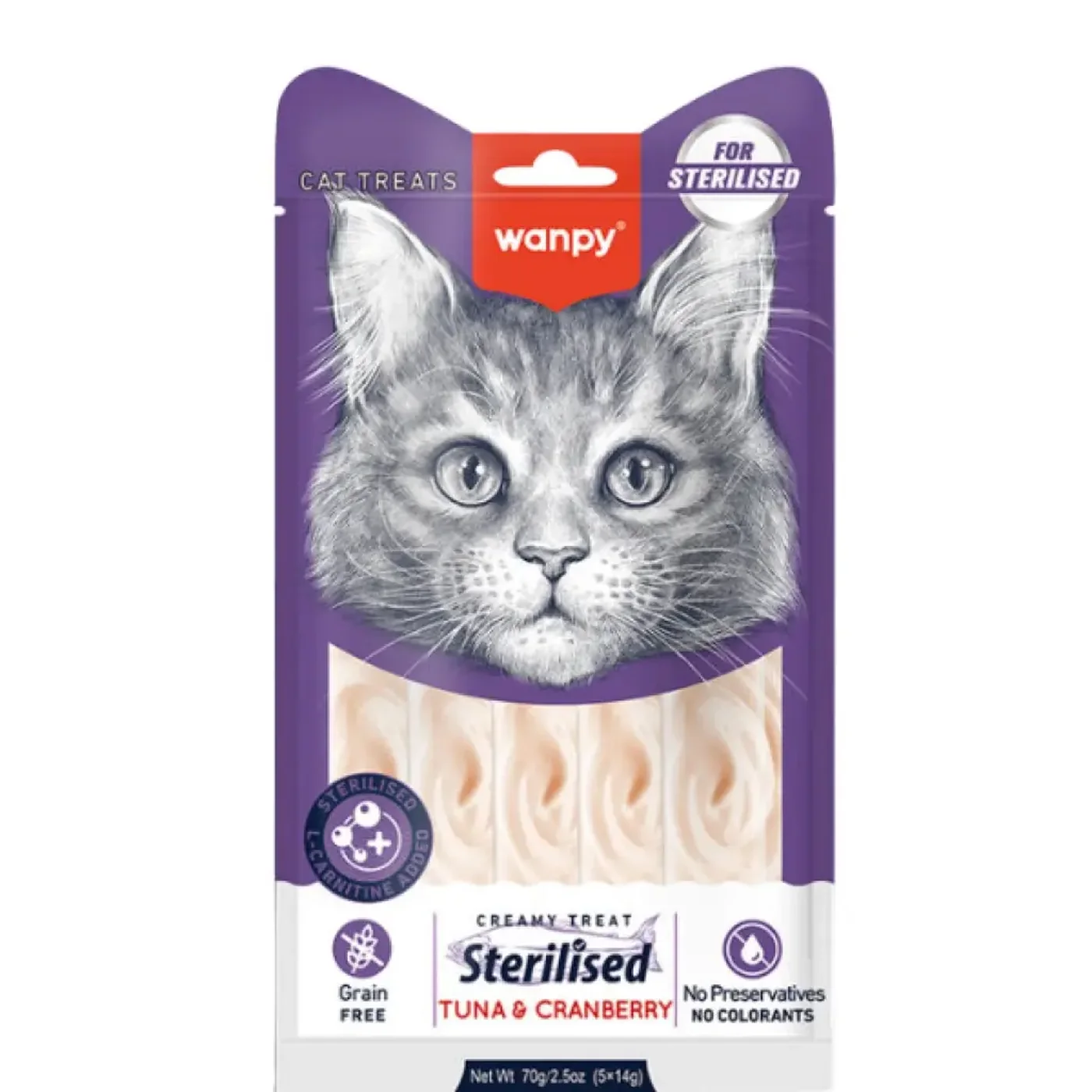 Wanpy Creamy Treat Ton Balıklı ve Kızılcıklı Kısırlaştırılmış Kedi Krema Ödül Maması (5 x 14 g)