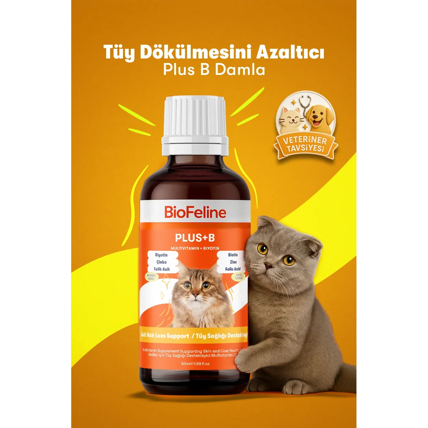 Biofeline Plus+B Kediler İçin Biotinli Tüy Dökülmesini Azalt?c? Damla (50 ml)
