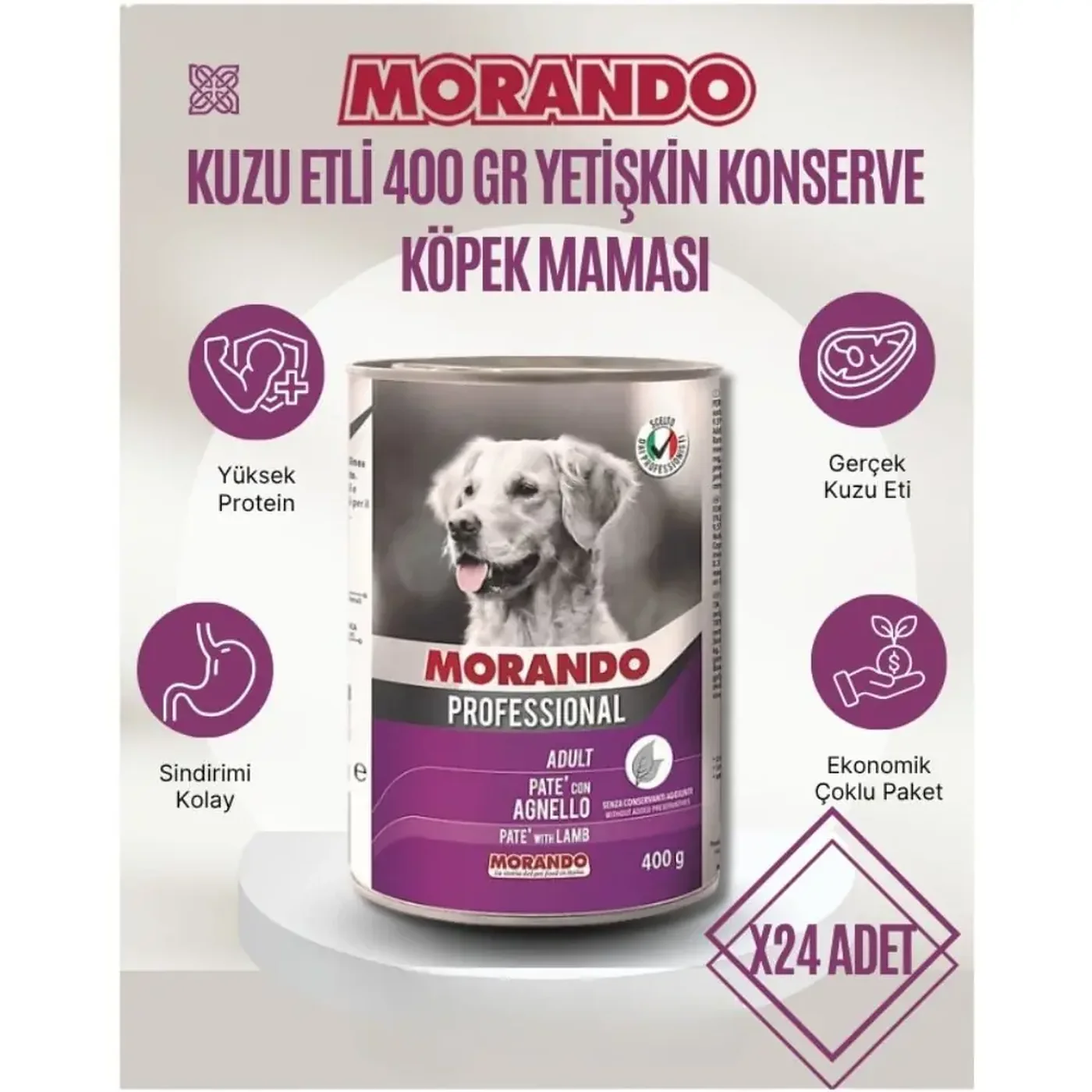 Morando Kuzu Etli ve Pirinçli Köpek Konserve Maması (405 g)