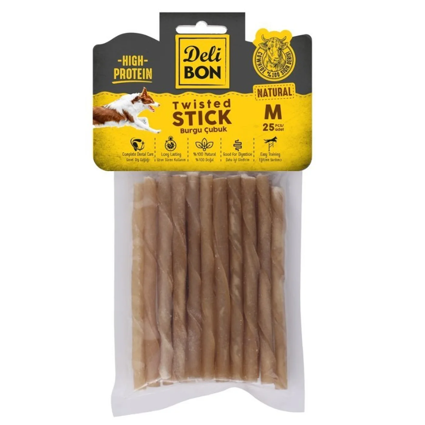 Deli Bon Deri Natural Burgu Çubuk Köpek Ödülü M (25'li)