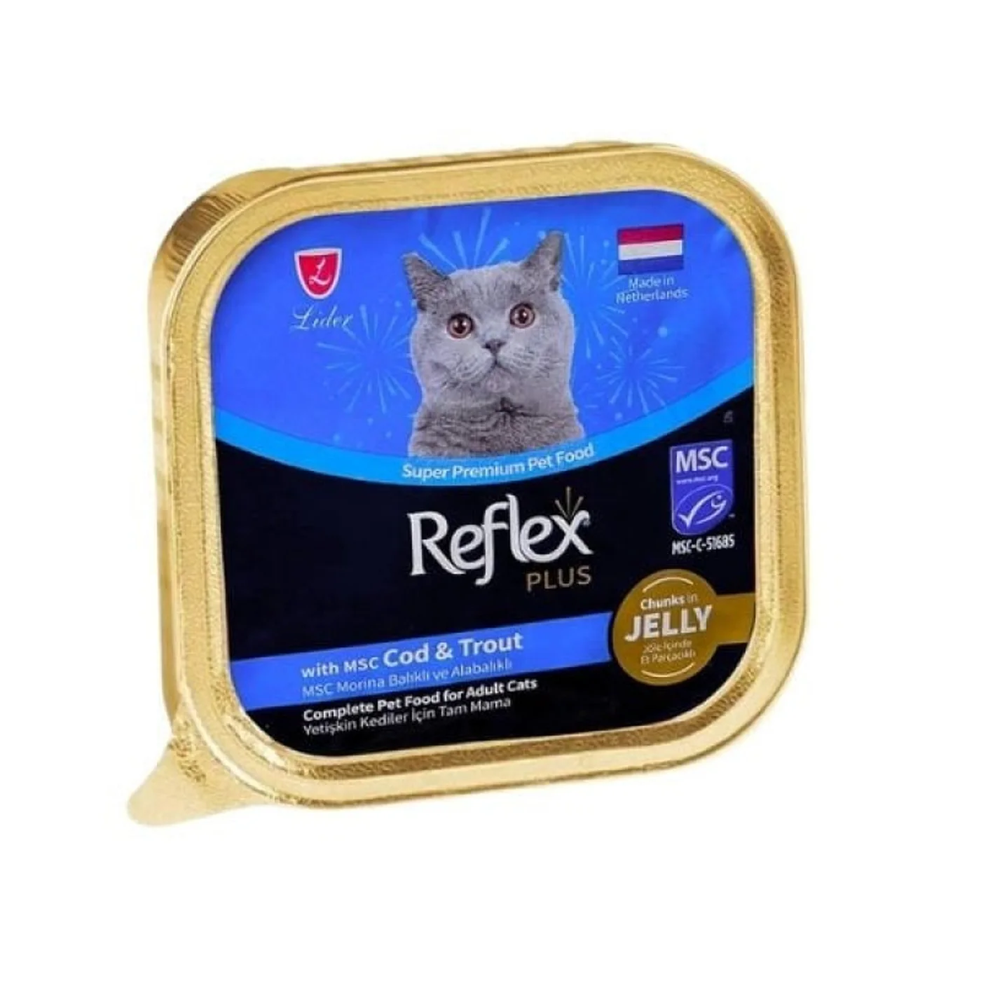 Reflex Plus Jöle İçinde Parça Morina ve Alabalıklı Yetişkin Kedi Konservesi (85 g)